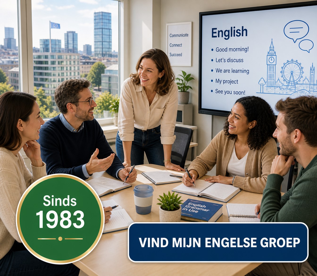 Adults participating in a small English group course at Amira in Brussels